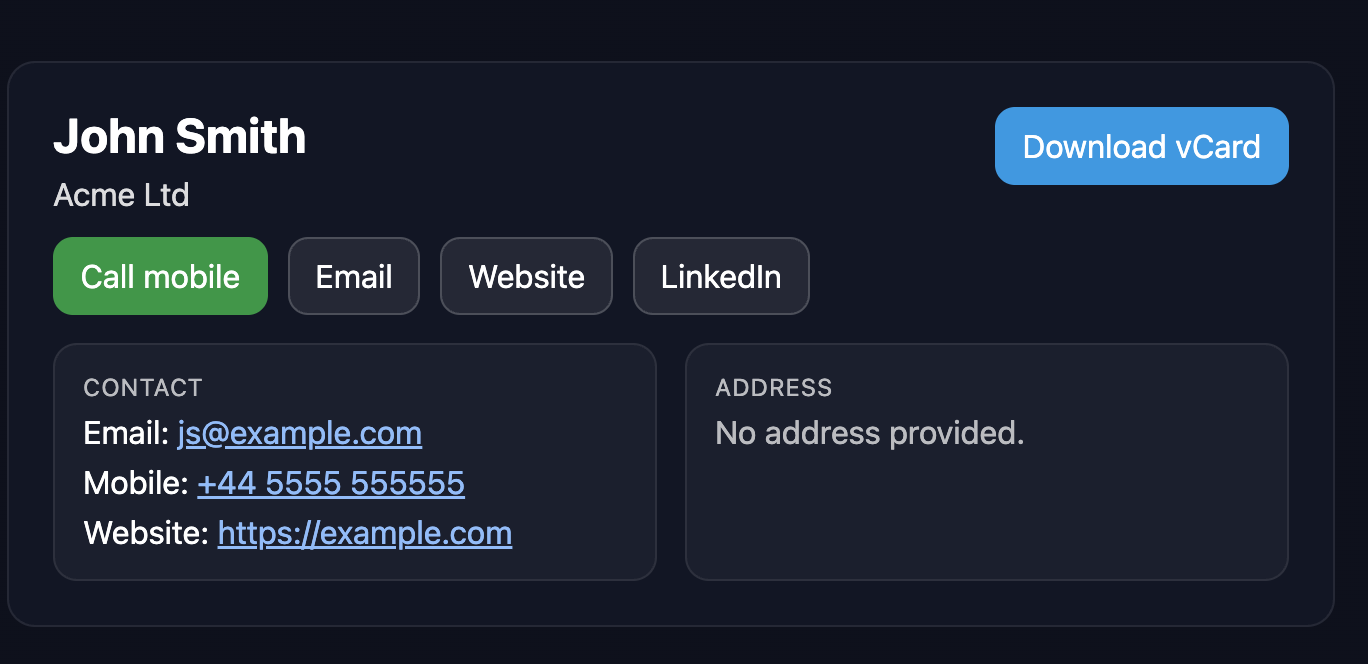 Example of a QRFollow Business Card with call, email, website buttons and visible contact details